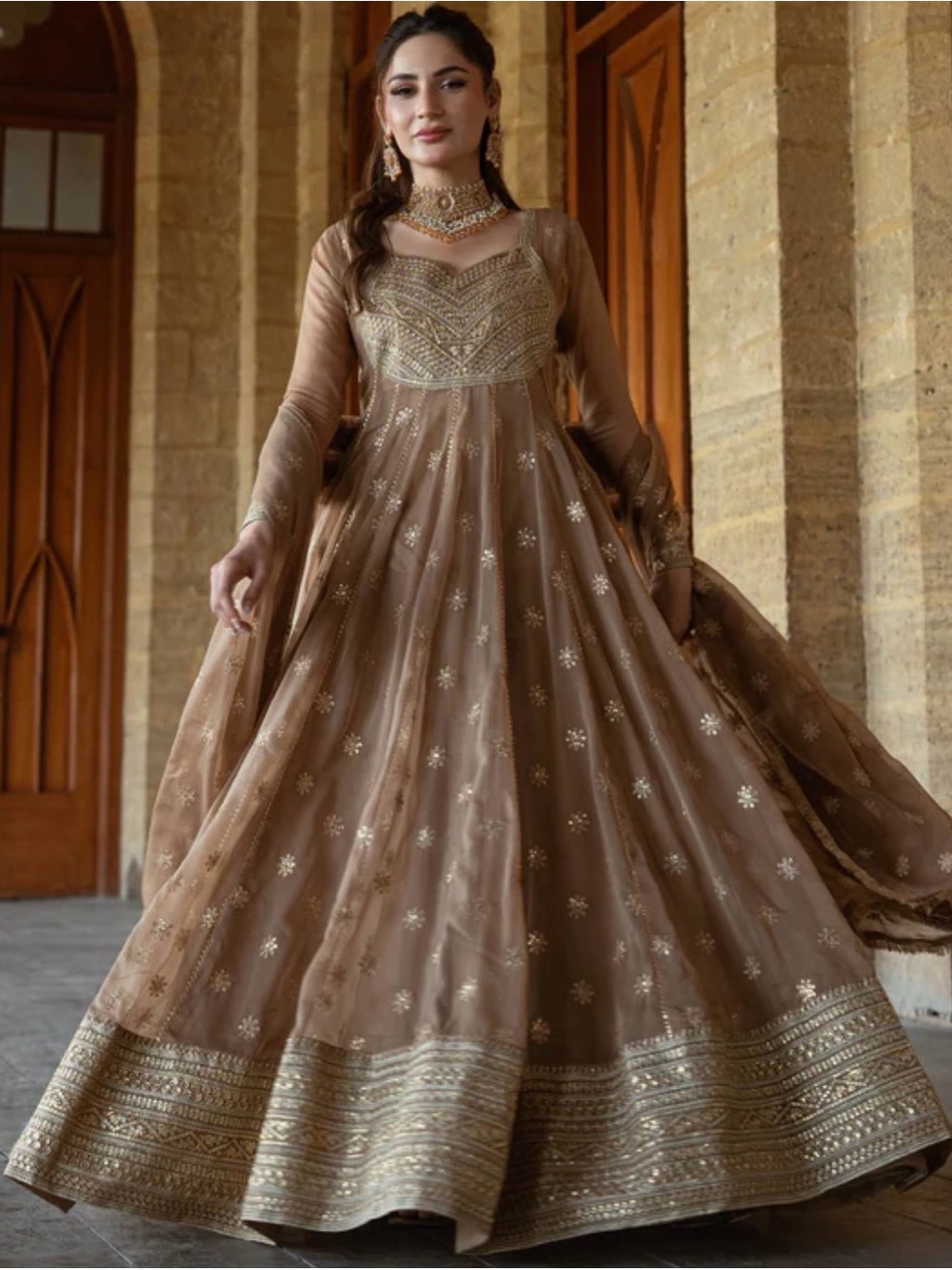 Embroidered Brown Women's Anarkali Dress with dupatta Pakistani dress